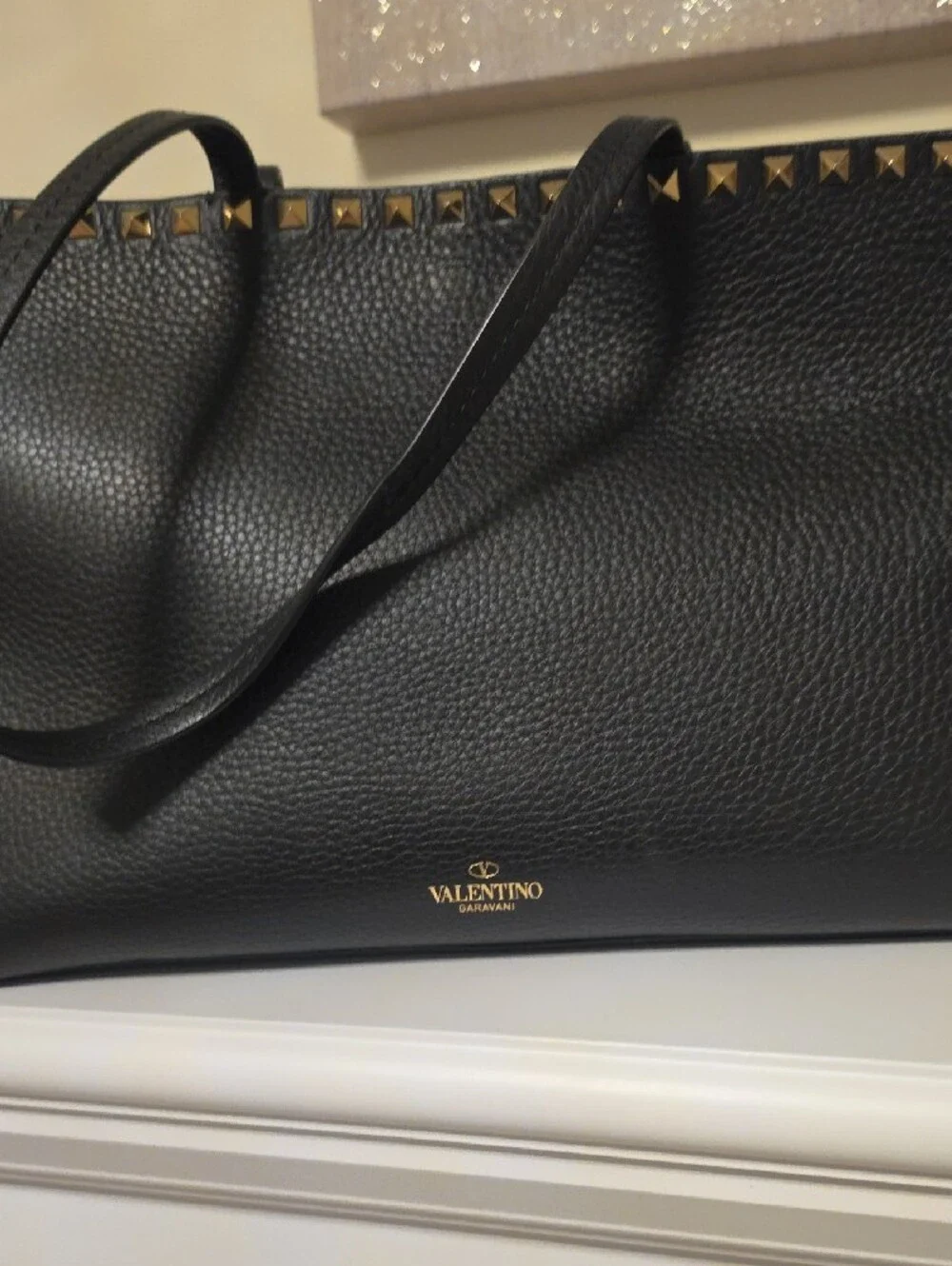 Valentino Black Pebbled Leather Tote with Gold Rockstud Trim - Picture 2 of 6